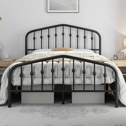 Yaheetech 4ft6 Double Bed Frames Slatted Metal Bed with Crown-inspired Design Headboard/Spacious Under-bed Storage Black