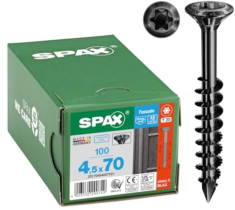 SPAX Facade Screw, 4.5 x 70 mm, Pack of 100, Partially Threaded, Raised Countersunk Head, T-Star Plus T20, Cut Tip, Rustproof Stainless Steel A2 BLAX - 25170404507021
