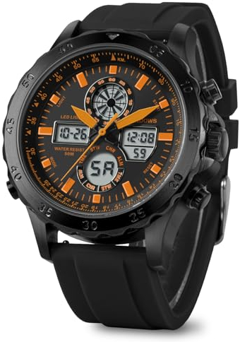 PINDOWS orologi da uomo, orologi impermeabili, analogici, digitali, sportivi, multifunzione, resistenti, per attività all'aperto, con retroilluminazione a LED, sveglia, cronometro. (Schwarz Orange)