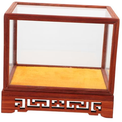 Amosfun Glass Display Box for Collectibles Red Sandalwood Base, Dustproof Showcase Stand 12x12x17cm for Home and Desk Ornament