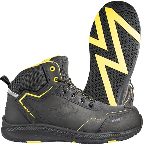 BWOLF Phoenix Scarpe antinfortunistiche da uomo S3 Scarpe di sicurezza da uomo S3 Nabuk impermeabili, antiscivolo 4x4 Grip Tech, suole Ergo, nero/giallo, 39 EU