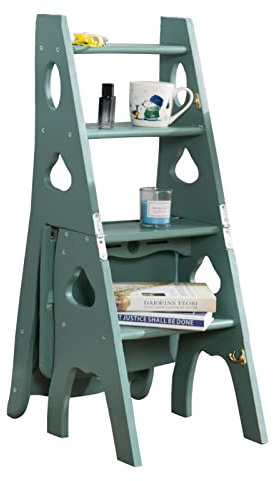 Ladder Chair Wooden Ladder Stool 4 Steps, Folding Stepladder Stairway Chair Multifunction Library Climb Ladder Step Stool Bookshelf for Storage and Display