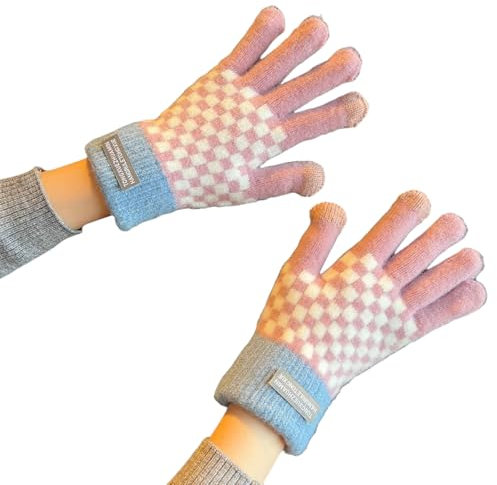 JINZIJINYU Strickhandschuhe Für Damen Winter Warme Handschuhe Für Studentinnen Radfahren Winddicht Verdickt Touchscreen Kariert Süße Plüsch Strickhandschuhe Radfahren Lila