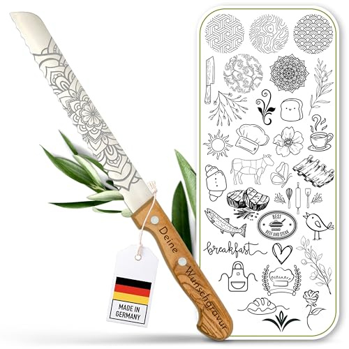 Brotmesser personalisiert, Olivenholz - Hochwertiges Solinger Brotschneidemesser mit Wellenschliff als individuelles Geschenk