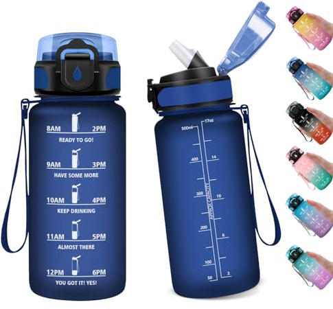 Sport vattenflaska 500 ml, vattenflaska med sugrör, vattenflaska med tidsmärke, återanvändbar plastflaska, flaska för barn, gym, cykel, gym, kontor, yoga, skola