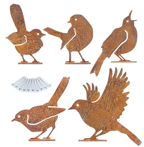 Artmitz 5 Pcs Rusty Metal Bird Garden Decorations, Fence Toppers, Yard and Fence Ornaments