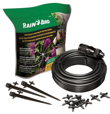 Rain Bird POTTEDKIT Tropfbewässerung Topfpflanzenbewässerungsset, Anschluss an Wasserhahn/Gartenschlauch, 6,35 mm Tropfschlauch, 360° Mikroblasen, T-Fittings und Druckregler