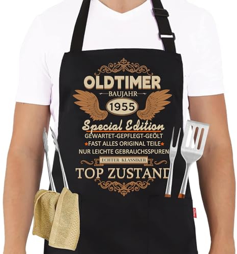 Grillschürze 70 Geburtstag Mann, Küchenschürze als Geschenk zum 70. Geburtstag, Schwarz Kochschürze Wasserdicht mit Spruch: Oldtimer Baujahr 1955 in Topzustand, Geschenk für Männer zum 70. Geburtstag