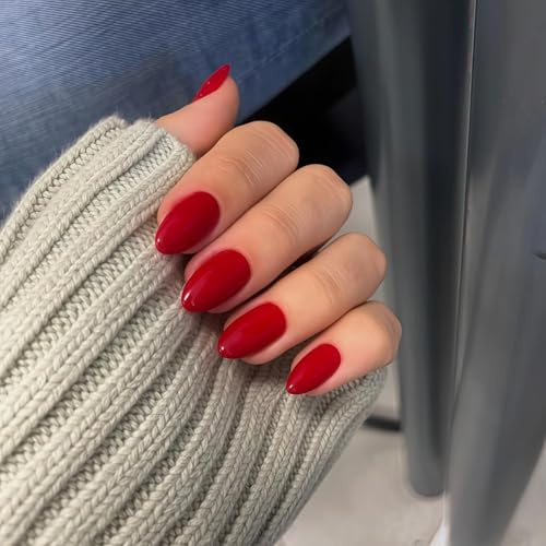 KQueenest Rot Press On Nails Kurz, Acryl Nägel zum Aufkleben Kurz Runde, Einfarbig Fake Nails Mandel Fingernägel zum aufkleben, Glänzende Gel Kunstnägel für Frauen Alltagstauglich 24 Stück