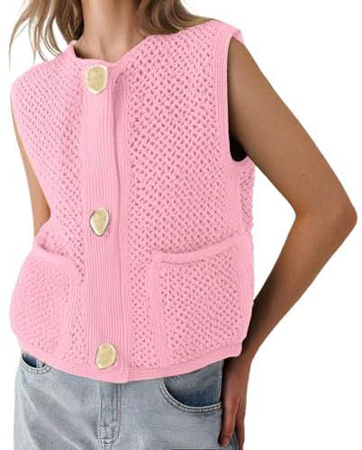 Vhersily Gilet in Maglia Donna, Maglione Uncinetto Donna Gilets Traforato Grosso Lavorato con Bottoni Verde Canottiera Casual Girocollo Cardigan Estivo Senza Maniche Pullover con Tasca