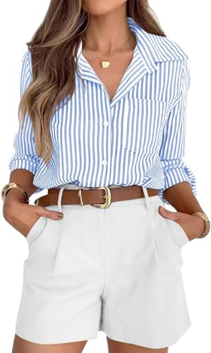 BUNSLOOM Bluse Damen Langarm Streifen Tunika Elegant Büro Casual Hemd Knöpfe