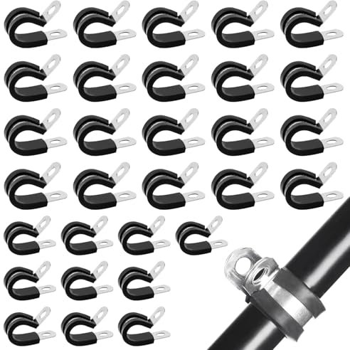 SHUOHONG 30 Pièces Collier de Serrage, Serre Cable Acier Inoxydable avec Insert en Caoutchouc, P Clips de Serrage en Caoutchouc, Clips Cable, Colliers de Serrage pour Tuyau Articulé ø 8mm