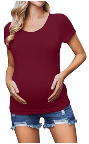 Tee Shirt Allaitement Haut Femme Prémaman Manches Courtes Plissé Uni Maternité Style Chemise à Poches Vêtements Grossesse Y2K Blouse d’Allaitement Élégante