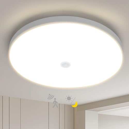 GREAT JACOB Plafón LED con Sensor de Movimiento y Crepuscular 18W 2430lm Lámpara de Techo Luz Neutra de 4000K, ideal para Pasillos, Escaleras, Zonas de Entrada. Ø25,2cm