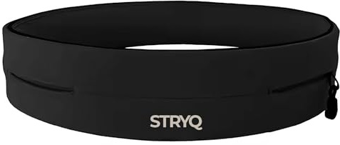 STRYQ Running Belt, Slim Bounce Free Waist Pack Phone Holder, No Zip Lightweight Moisture Wicking Running Belt Fits All Phones, Hidden Key Hook, Reflective Running Waist Belt (Black, Large)