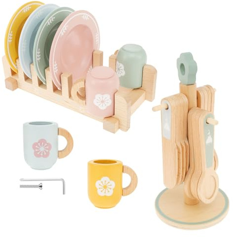 Wooden Kitchen Toys, 22Pcs Kids Pots and Pans Playset, Wooden Tea Set for Toddlers , Mud Kitchens Accessories, Children Kitchen Cutlery and Plate Toy Set ,Gift for Girls Boys 3-5 Years Old