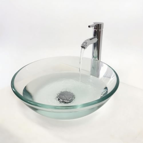 16.5D x 16.5W x 5.5H Round Tempered Clear Glass Bathroom Vessel Sink Combo – Chrome Faucet & Pop-Up Drain Included