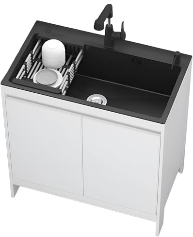 Generico Lavandino per Lavanderia Indipendente di qualità Commerciale con mobiletto e Rubinetto - Ideale per ristoranti, Garage, Esterni e Lavanderia (31,5 x 17,7)