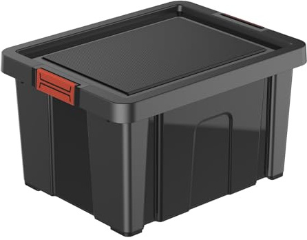 eacommerce | Box contenitore multiuso | Coperchio con clip soft touch, impilabile e sovrapponibile, resistente agli urti | Per garage, deposito, portagiochi (Nero, 30 Litri - 36x46,5x27 cm)