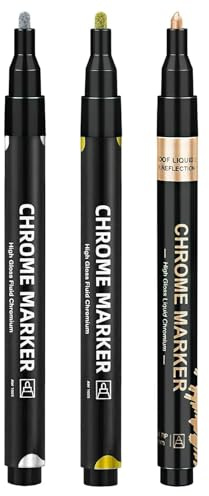 3PCS Metallic Chrome Paint Pens 3 Colors Waterproof Markers Reflective Gloss Permanent Liquid Mirror Paint Pen for Coloring Model Metal Glass Plastic Painting Touch Up Repair Stroke Gold Silver Copper