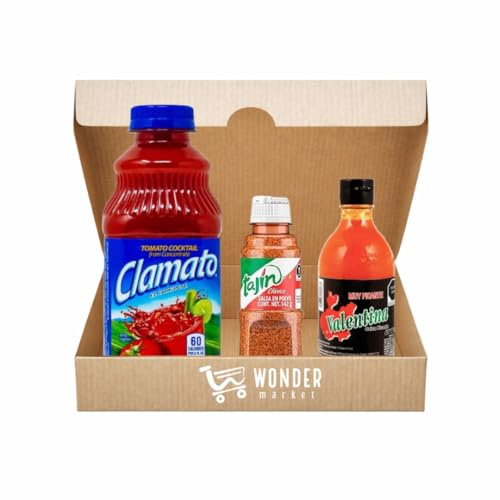 Wondermarket. Pack Michelada: Clamato 950ml, Tajín 142g y salsa picante Valentina Negra 370ml. Combo para micheladas caseras.
