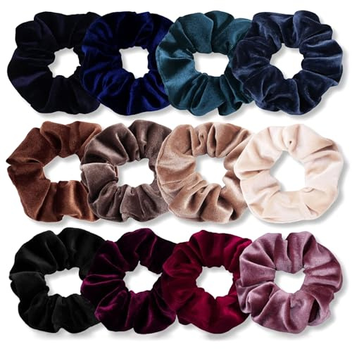 12 Scrunchies per Capelli Seta da Donna - Elastici per Capelli in Velluto di Alta Qualità - Colori Scuri Fasce Elastiche Spesse in Tinta Unita - Morbide Fasce per Coda di Cavallo