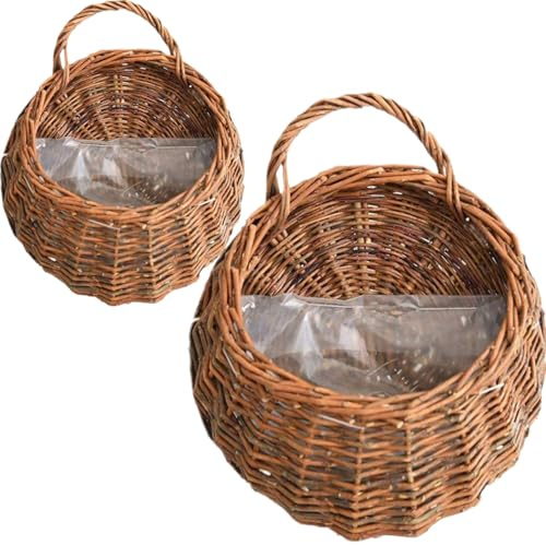Fioriera sospesa 2 pezzi Fioriera in rattan naturale Natrual Cesto da appendere a parete vintage Cesto per piante Cestino da parete in rattan Vaso da fiori per giardino domestico Piante da interno, C