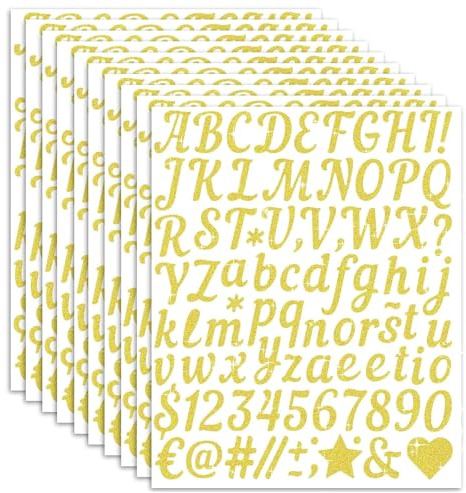BelleVive 880 goldene Buchstabenaufkleber (10 Bögen), Selbstklebende Glitzer-Zahlen- und Alphabetaufkleber, wasserfest, Vinyl-Buchstabenaufkleber in Schreibschrift für DIY-Bastelarbeiten
