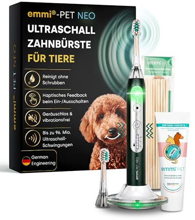 emmi-PET NEO Ultraljudstandborste för hundar och katter I ljudlös hundtandborste med 3 rengöringslägen mot tandsten, plack och mulllukt I Tandvård utan skrubbning I 14 dagars batteritid