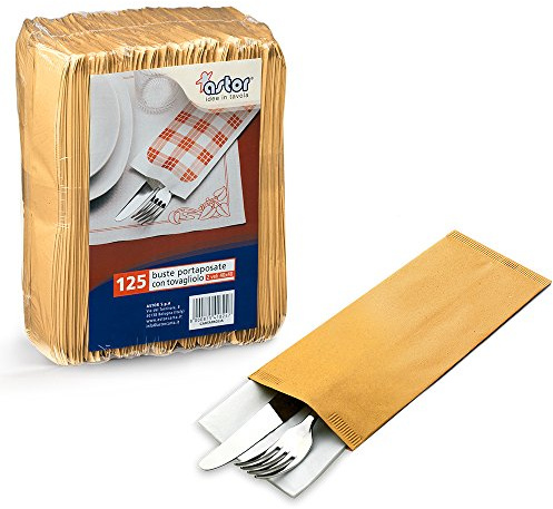 Lot de 125 pochettes à couverts en papier paille, 10 x 25 cm, avec serviette 40 x 40 cm, pour apéritif, apéritif dinatoire, happy hour, pour aliments