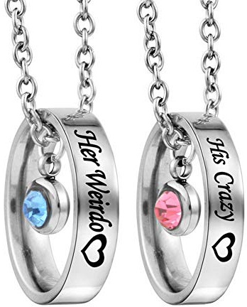 MJartoria Matching Necklaces for Couples, His and Hers Engraved Rhinestone Ring Pendant Necklace Gifts for Boyfriends Girlfriends (Silver, Her Weirdo His Crazy)