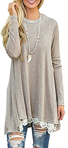 Andaa Women's Crew Neck Long Sleeve Lace Splicing Swing Shirt Dresses Long Tunic Blouses Shirts for Leggings Khaki