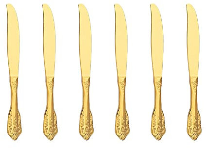 WULUN Golden - Servizio di posate da 6 pezzi in acciaio INOX 18/10 lucidato, stile barocco, ideale per casa, cucina, ristorante, matrimonio, feste, tè pomeridiano, 18cm Coltello da dessert