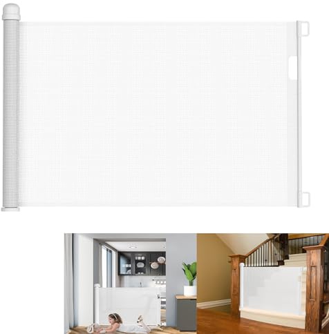 YRHome Dörrskyddsgaller, rullgardin, trappskyddsrullgardin, 0–150 cm, dörrgrind, trappskydd, infällbar dörr, hund och baby, hundbarriär, utdragbar för inomhus- och utomhusbruk (150 cm vit)