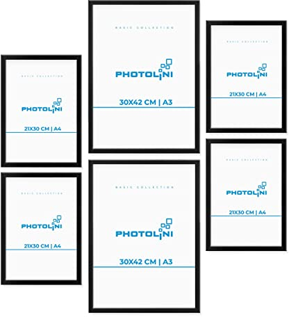 PHOTOLINI schwarze Bilderrahmen Set verschiedene Größen, 6 Bilderrahmen schwarz Holz MDF, Bilder Rahmen mit Acrylglas, No.7 Bilderrahmenset zum Aufhängen, Fotorahmen Set mit Zubehör für Fotos, Poster