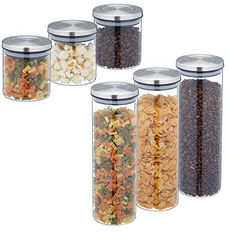 Relaxdays Lot de 6 bocaux en Verre, 2 Tailles, 500/1600 ML, Couvercle INOX, boîtes hermétiques, Transparent/argenté