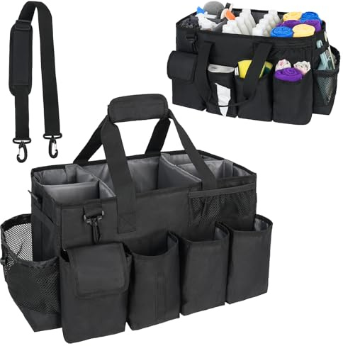 IVODEELA Cleaning Caddy with Handle,Cleaning Organiser,Multifunctional Cleaners Bag with Detachable Thick Dividers,Adjustable Shoulder Straps for Cleaning Supplies,Home,Car,Garden,XL,Black