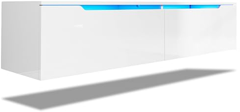 SONNI TV Schank, Lowboard Weiß Hochglanz hängend 180x35x30cm mit LED-Beleuchtung(12 Farben können eingestellt werden), Griffloses Design, TV Board, Fernseherschank, Fernsehtisch, TV-Regal. GTV009W-180