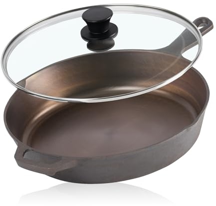 Mahlzeit Padella in ghisa lucidata con coperchio 25 cm | Padella con due beccucci | Coperchio per padella a griglia, padella universale, padella da fuoco | Padella con coperchio, bordo alto