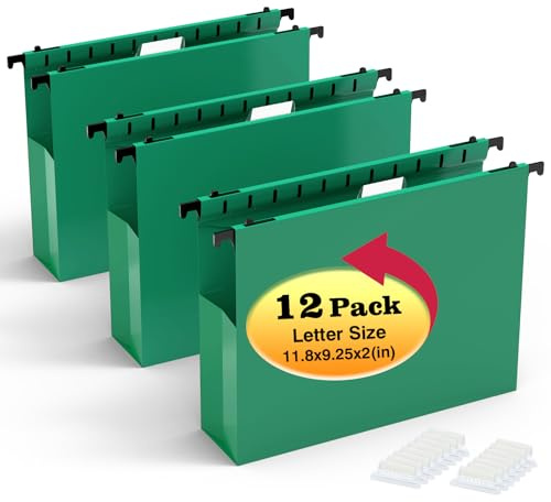SHUTEX Hängande arkivmappar i plast 12-pack förstärkta extra kapacitet expanderande hängmappar, brevstorlek, dragspelsficka, slitstark 5 cm expansion, hängande mapporganiserare för hemmakontor, grön