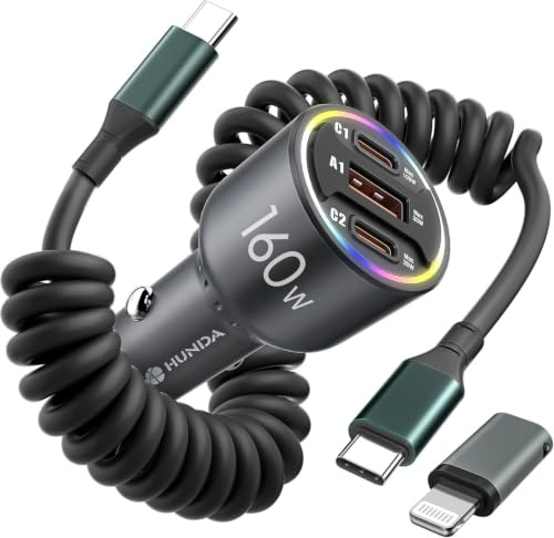 160W USB C Car Charger Fast Charging,HUNDA USB Car Cigarette Lighter Splitter with 3 Ports PD 100W&PD 30W Fast Charge Car Charger for iPhone 15/15 pro/15 Pro Max,Galaxy s24/s23/s22 ect