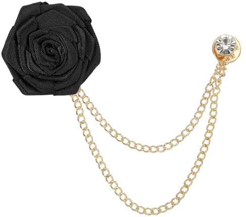 QUARKZMAN Bräutigam Broschen Rosenblume 1,57 Zoll Stofflegierung Schwarz | 1 Stück, Größe, Reversnadel, Mit Quastenkette/Anzugsknopf, Für Hochzeitsmänneranzug Accessoires