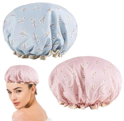 Cuffia da Doccia, 2 Pezzi Cuffia da Doccia Impermeabile, Riutilizzabile Doppio Strato Cuffie Capelli con Elastici, Donna Spa Salone Viaggi Hotel Casa (Blu, Rosa)