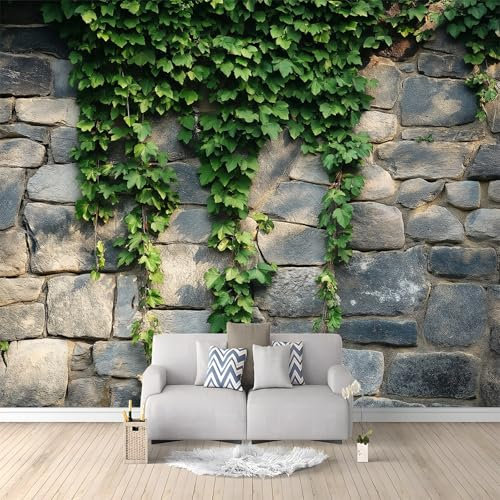 Papier Peints Panoramique Lierre Naturel Vieux Mur Papier Peint Intissé Poster Geant Mural Personnalisé 3D Papier Peint Salon D'Enfant Chambre Bureau Couloir Décoration Vert Gris 350 x 256 cm
