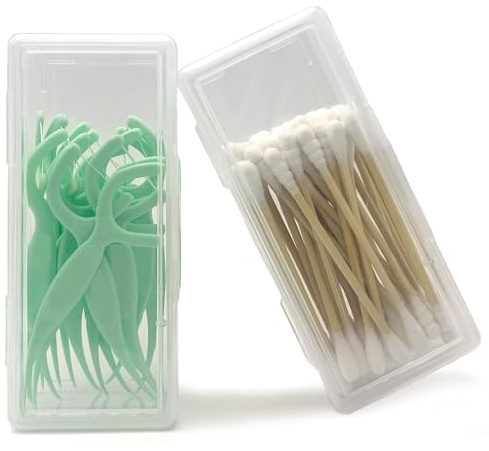 MatFirsmo Soporte para hisopos de algodón para viajes, 2 piezas de soporte portátil pequeño para hilo dental de plástico transparente, funda para púas de hilo dental de viaje con tapa a prueba de