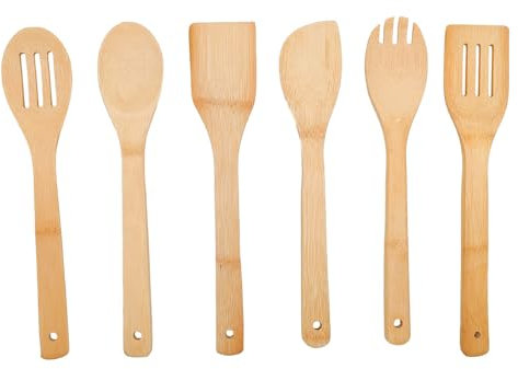 6PCS Wooden Kitchen Utensils for Non-Stick Cookware Tool Set Complete Set of Accessories Bamboo 30CM Spoon Spatula Turner Non-Toxic Deformable Durable Ergonomic Design