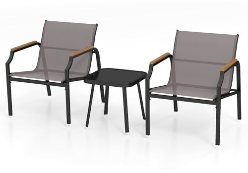 COSTWAY Conjunto Jardin Exterior de 3 Piezas, 2 Sillas Textilene y 1 Mesa Cuadrada Auxiliar, Muebles Jardin Exterior Terraza Balcon, Mesa y Sillas de Bistro