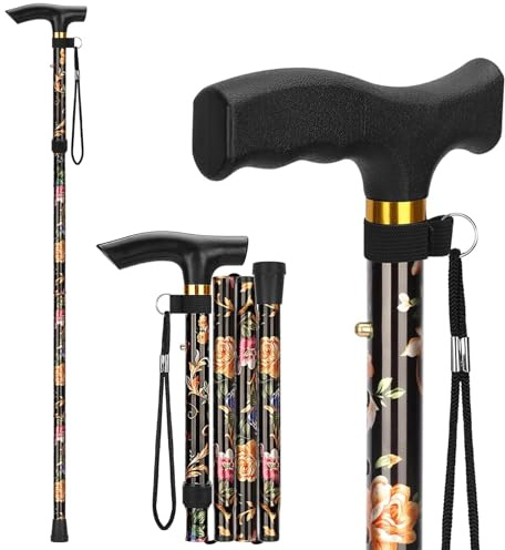 Bastone da passeggio pieghevole a 5 posizioni per donna in lega di alluminio manico regolabile a forma di T leggero e portatile, adatto per anziani e disabili