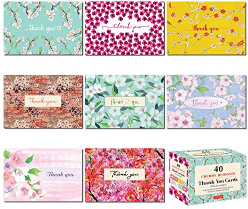 Cherry Blossoms, 40 Thank You Cards With Envelopes: 4 1/2 X 3 Inch Blank Cards in 8 Unique Designs