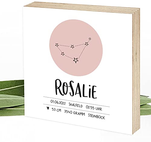Wunderpixel® Holzbild individuell mit Namen Geburtsdaten Sternzeichen 15x15x2cm zum Hinstellen Aufhängen, echter Fotodruck auf Holz - personalisiertes Wand-Bild Aufsteller Deko oder Geschenk-Idee